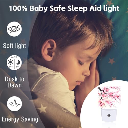 Image of Watercolor Cherry Blossoms Tree Night Light for Kids,Abstract Pink Floral Night Light Plug in with Dusk to Dawn Sensor,0.5w Energy Saving Nightlight for Hallway Stairway Kitchen Bedroom