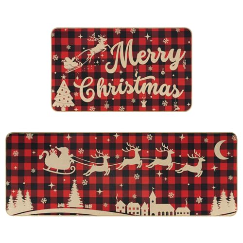 Babycop Christmas Kitchen Rugs, Non-Slip Xmas Kitchen Mats Set of 2, Red Buffalo Plaid Merry Christmas Decorations, Anti Fatigue Holiday Kitchen Rugs for Floor - 17x29 / 17x47 Inch