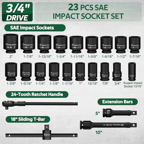 Image of 3 /4 inch Drive Deep Impact Socket Set, 23 Pcs SAE Sizes 3 /4 inch to 2 inch | 24T Ratchet Wrench, 18 inch Sliding T-Bar & Extension Bars, CR-MO Steel, Heavy Duty Impact Socket for Truck & Equipment Repair