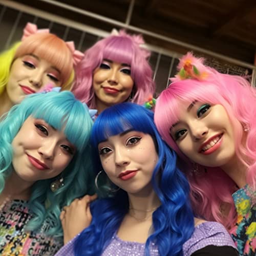 Image of LIULIUBTY Short Bob Hair Wigs Straight with Flat Bangs Synthetic Colorful Cosplay Daily Party Neon Wig for Women + Free Wig Cap 12 inch Natural As Real (Cute Pink)