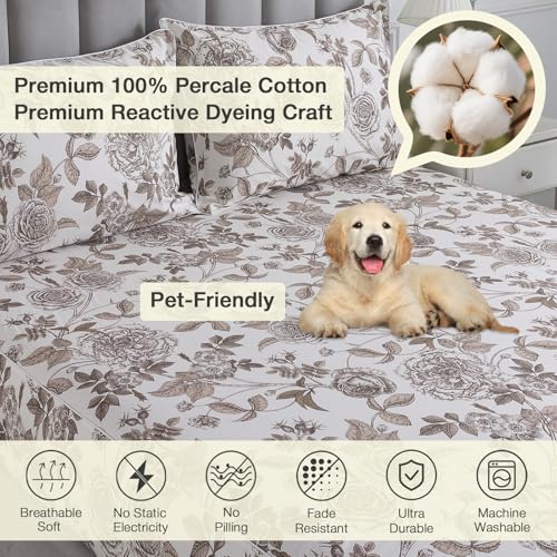 Image of Vintage Brown Floral Percale Bed Sheets, Queen Size 100% Cotton Deep Pocket Botanical Flower Farmhouse Sheet Set, Crisp Shabby Chic Toile Sheets, French Country Bedding, Cream White, 4Pcs
