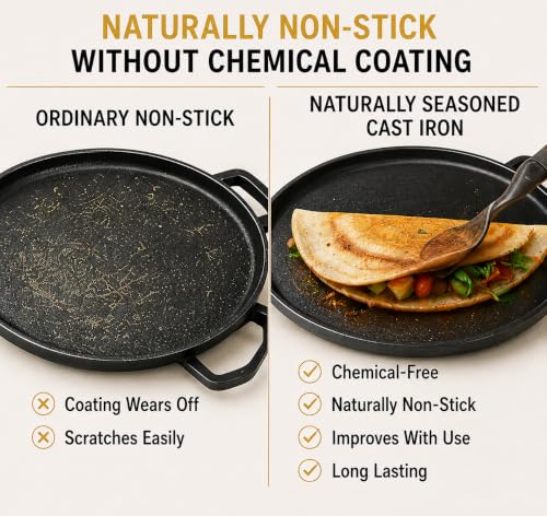 Image of GRIVAN Cast Iron 2-in-1 Dosa Tawa & Grill Pan 12 inch (30 cm) | Double-Sided Reversible Tawa for Dosa, Roti | Naturally Non-Stick Cast Iron Cookware | Gas Stove & Induction Compatible (Black)
