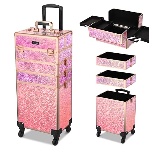 BYOOTIQUE Rolling Makeup Train Case 4in1 Cosmetic Trolley Organizer Travel Case Lockable Salon Barber Case Traveling Cart Trunk with Wheels for Makeup Artist Trave Nail, Mermaid Pink