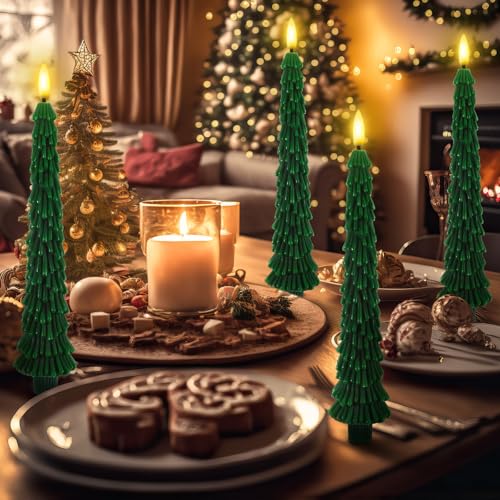 Image of Funtery 6 Pcs LED Christmas Tree Flameless Taper Candles Real Wax Battery Operated Candlestick Lights with 3D Flame and Remote Timer Window Fireplace(Green,Classic Christmas Tree)