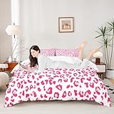 Pink Leopard Print Duvet Cover Set Twin Size,Cheetah Bedding Set 2pcs for Kids Teens Girls Room Decor, Wild Animal Fur Print Comforter Cover Romantic Quilt Cover with 1 Pillowcase
