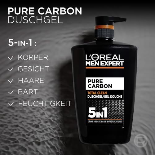 L'Oréal Paris, Men Expert, Pure Carbon Total Clean Duschgel mit Karbon 5-in-1, mit Karbon angereichert, multifunktionales Reinigungsgel für Gesicht und Körper, für Männer, 1L