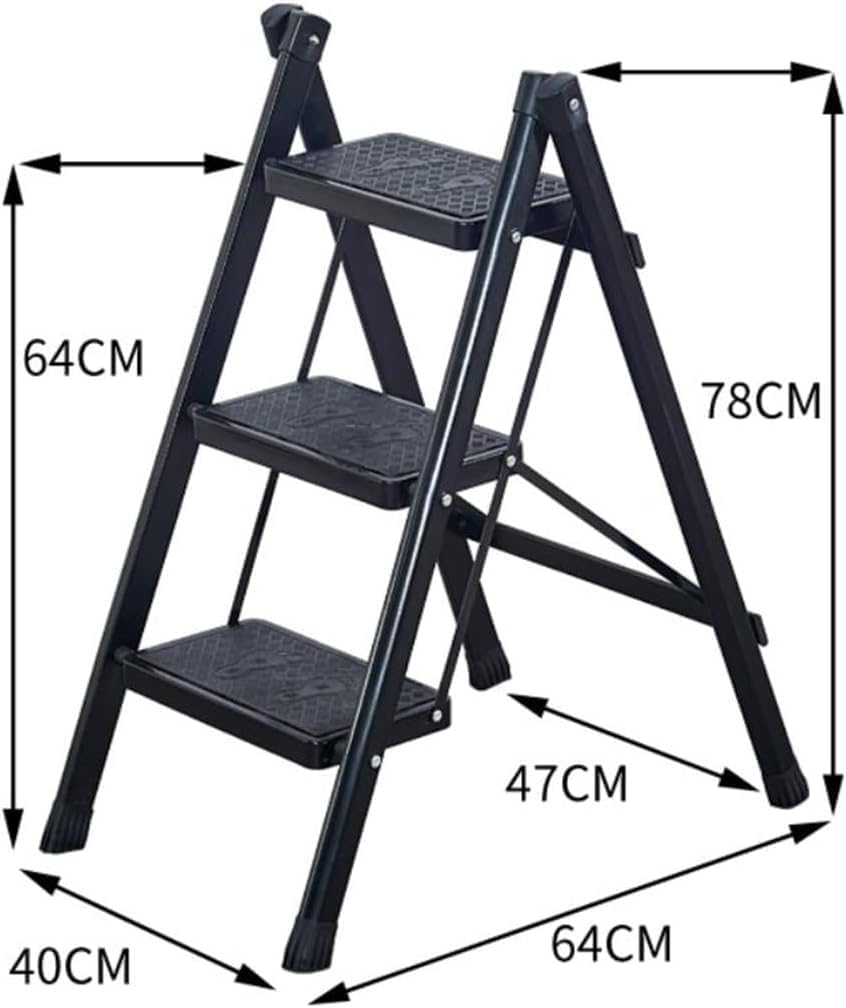 Step Ladder 3 Step Folding Ladder Black Home Ladder Space-Saving Portable Lightweight Ladder Kitchen Widened and Thickened Treads Ladder Ladder