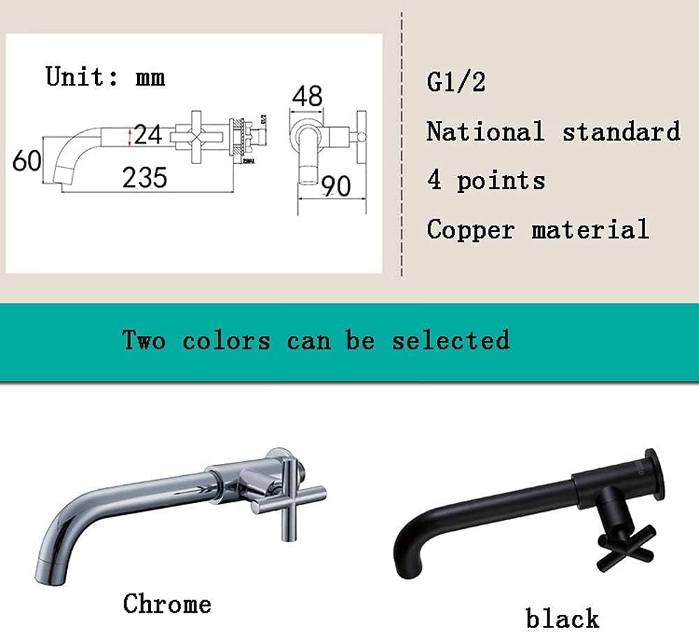 -Taps,Faucets,Water-Tap Defense Splash in-Wall Lengthen Mop Pool Faucet Single Cold Bathroom Wall Out Household Copper Mop Pool Tap/Black (Color : Black)