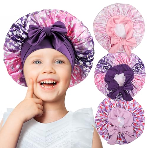 3 Pcs Kids Soft Silk Bonnets for Girls,Satin Hair Bonnets Child Sleeping Cap,Breathable Toddler Bonnet with Tie Bands