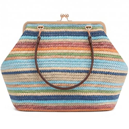 louceko Kiss Lock Frame Handbag PU Leather Shoulder Tote Bag Messenger Hobo Clutch Purse for Women Formal Work Leisure Straw Colorful Large LCK2606