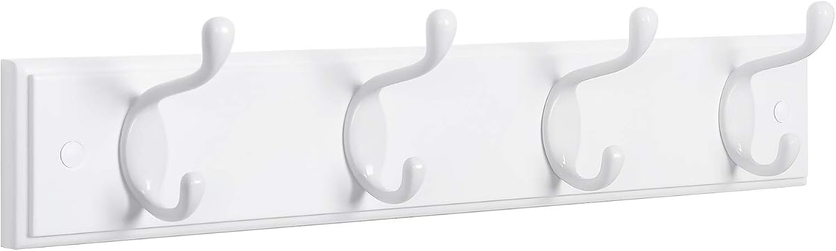 Wall-Mounted Coat Rack, Hook Rack, 4 Dual Metal Hooks, White | For Coats, Bags, Keys, in the Entryway, Bedroom, Living Room ULHR23WT