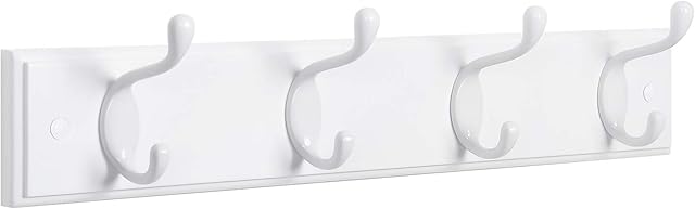 SONGMICS Wall-Mounted Coat Rack with 4 Metal Hooks, Wooden Wall Hook Rack for Bedroom, Entryway, Bathroom, White LHR23WT