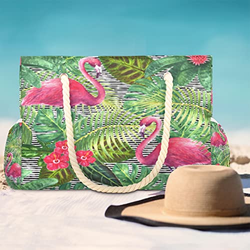 Bolsa de praia feminina listrada, tropical, com folhas de flamingo, flor e flor, impermeável, bolsa