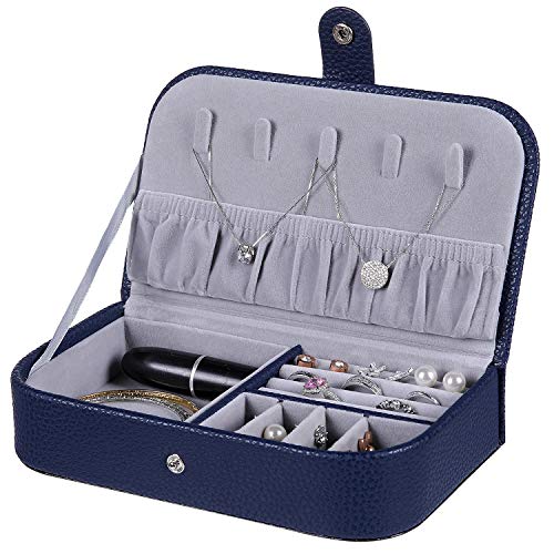 homing Small Travel Jewelry Organizer Box for Women, Portable Organizer Display Storage Case with Snap Closure for Earring Bracelet Ring Necklace, Navy Blue