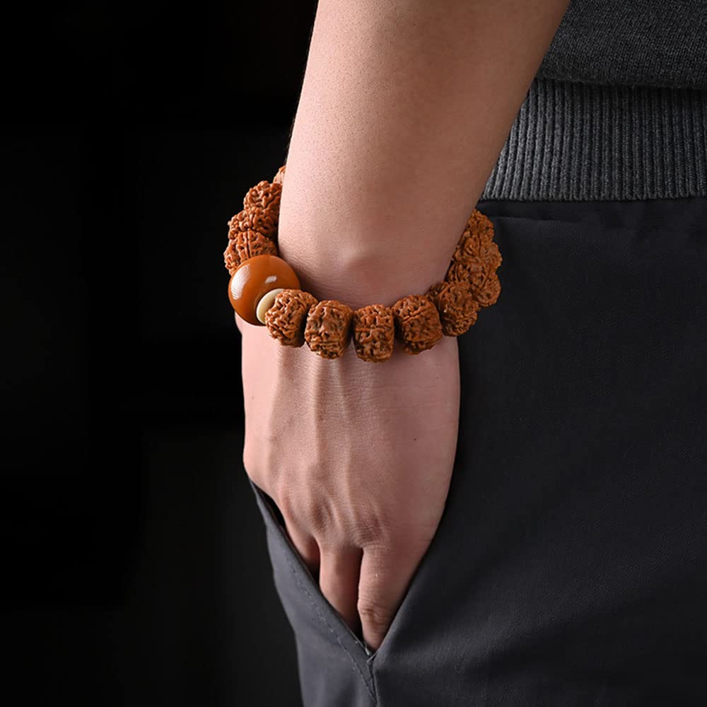 Braccialetto Bodhi, Bracciale Nepal Rudraksha Besds 18 * 13 mm Bracciale elasticizzato con perline di Buddha a cinque facce con perline d'ambra for la meditazione Preghiera Mala