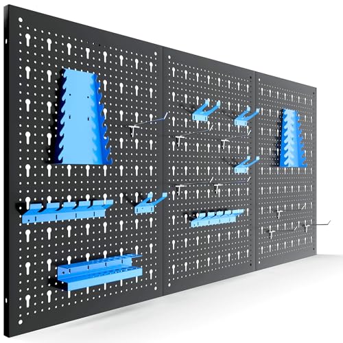 Arebos Pared de herramientas de 3 piezas perforada para taller, juego de ganchos y soportes de 17 piezas, 117,6 x 59,5 x 2 cm, pared perforada de metal para herramientas de taller, incluye material de