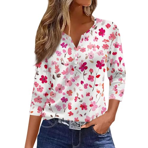 Boho Tops for Women Fall Tops 3/4 Sleeve Shirts V-Neck Loose Casual Blouses Color T-Shirts