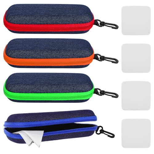 4 Stück EVA Tragbares Brillenetui Hardcase, Brillen Etui mit Karabiner und Reißverschluss, Brillenbox für Damen Herren, Glasses Case mit Mikrofasertuch für Sonnenbrillen, Fahrradbrille, Schutzbrille