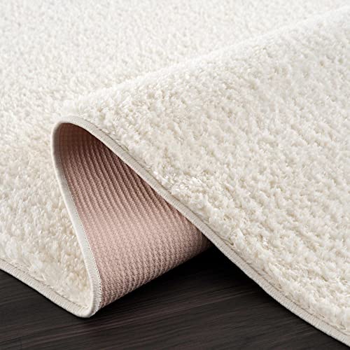 Hauteloom Machine Washable Solid Shag Rug - Judy Plain Living Room Bedroom Shaggy Area Rug - Fluffy Plush High Pile Carpet - White, Off White - 5'3" X 7' Area Rug #TOP7