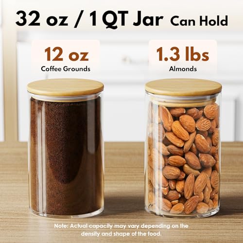 Image of OneDream 32oz Glass Jar with Lid, 6 Pack Coffee Storage Canister for Candy | Seal, BPA-Free, Bamboo Lid, Coffee Bar Accessories, for Coffee Beans, Creamer, Salt, Overnight Oats, Brown sugar, Candy, Tea