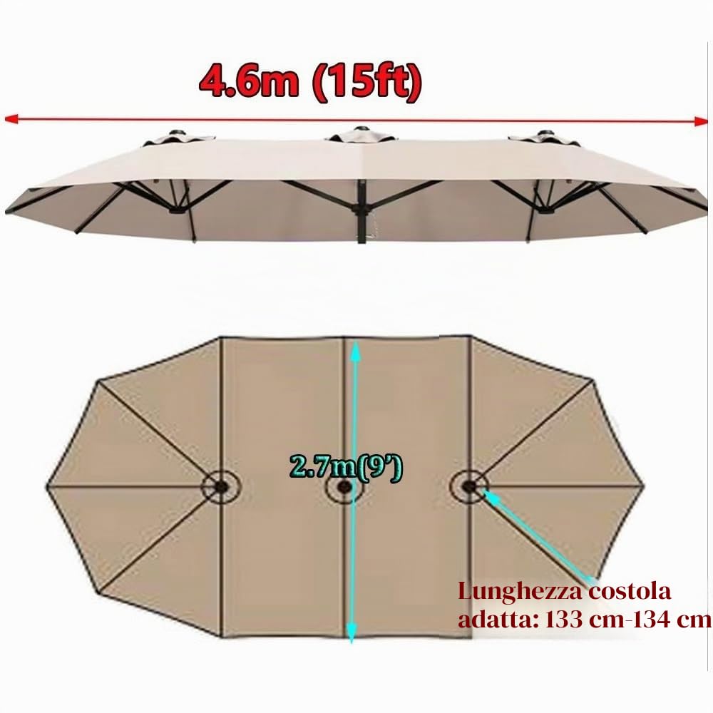 Telo di Ricambio per Doppio Top Ombrellone 460x270cm Copertura di Ricambio per Ombrellone De Patio, Tessuto di Ricambio per Ombrellone Esterno(Beige)