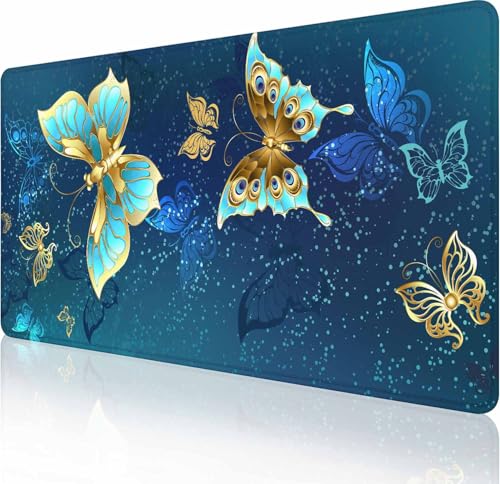 Gaming Mouse Pad, Large Non-Slip Rubber Base Mousepad, Keyboard Mouse Mat, Desk Pad with Stitched Edges, 35.4x15.7inch, Butterflies