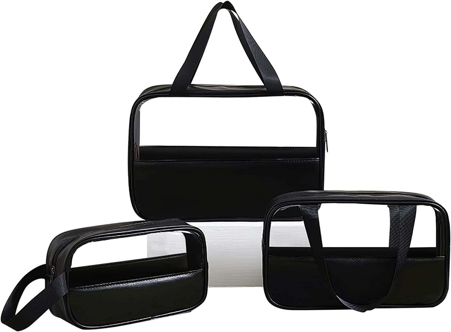 Multipurpose Clear PVC Travel Cosmetic Bag Toiletry Makeup Organizer Carry Bag Pouch for Women Girls (Pack of 3) (Black)-image-24
