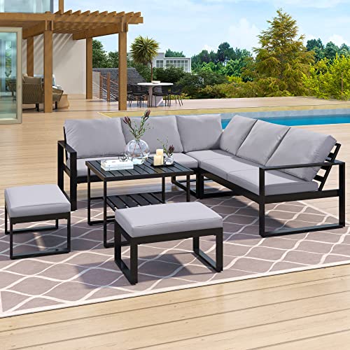 Lumisol Industrial Outdoor Furniture Set, Modern Patio Conversation Set Metal Sectional Sofa With Bench And Coffee Table (Gray, 6 Piece) #TOP17