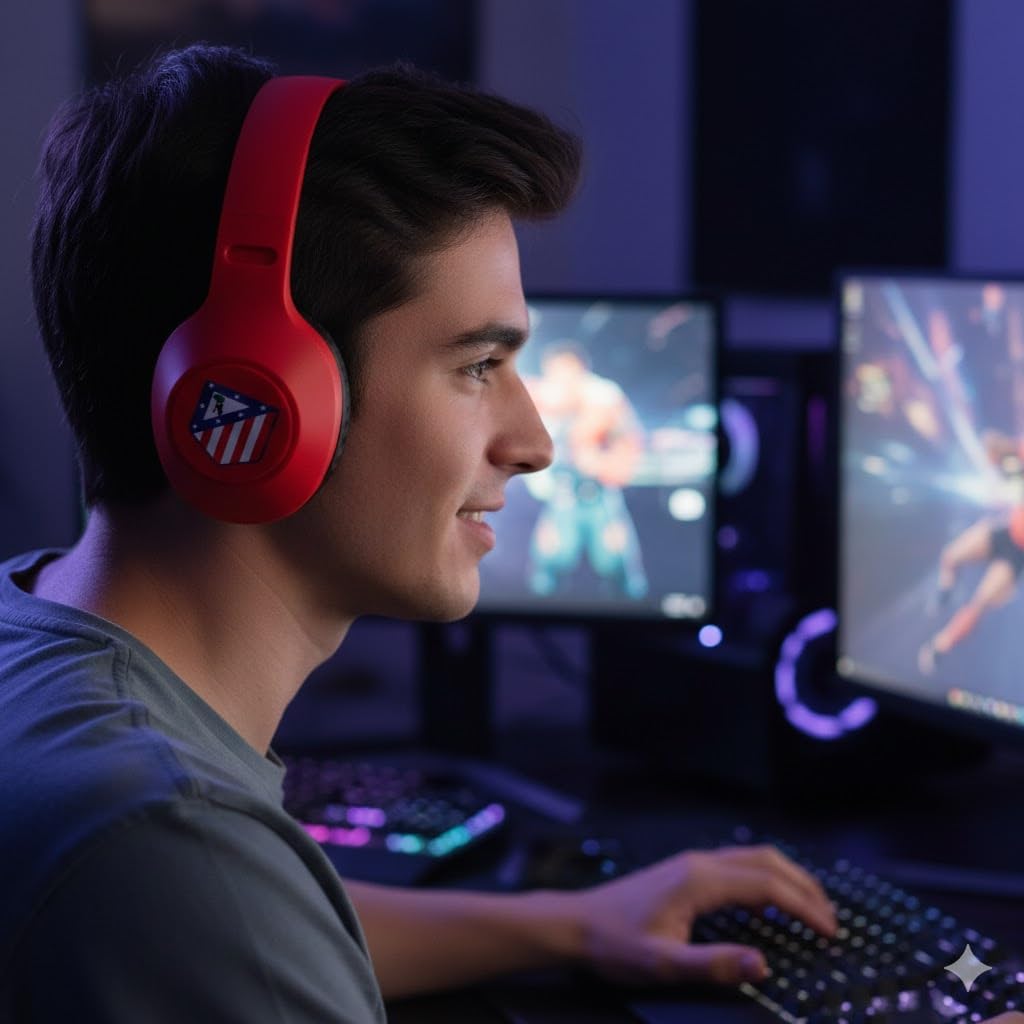 Genérico Auriculares Oficiales Atlético de Madrid con Bluetooth – Cascos Ergonómicos con Sonido Diseño Rojiblanco. Color Rojo.