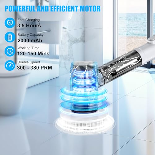 Image of Electric Spin Scrubber for Home Cleaning, Cordless Rechargeable Cleaning Brush with 8 Replaceable Brush Heads, Extendable Handle, Dual Speed, Bathroom, Floor, Tile, Kitchen & Shower Cleaner