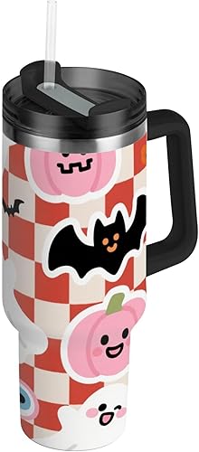 Botella de agua reutilizable de acero inoxidable con diseño de calabaza de Halloween, con tapa a prueba de fugas y pajita, taza de café decorativa