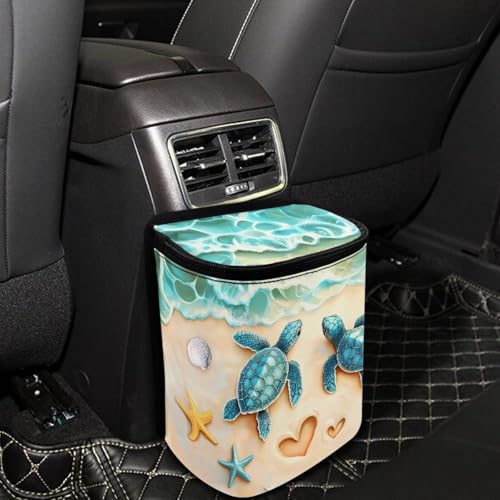 Image of Talayituse Turtle Starfish Heart Beach Print Car Trash Can with Lid, Leak Proof Auto Trash Bag Hanging Vehicle Garbage Can Multipurpose Storage Container for Back Seat Road Trip