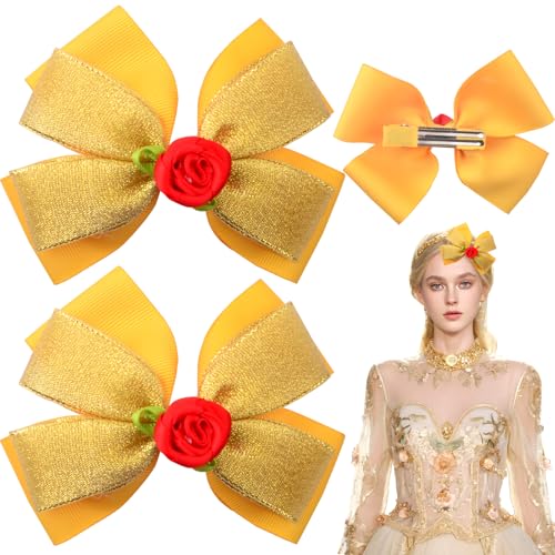 2 unidades Pinzas de cabello con moños princesa amarillo rosa para mujer, accesorios para disfraz de cumpleaños y Halloween miniatura 1