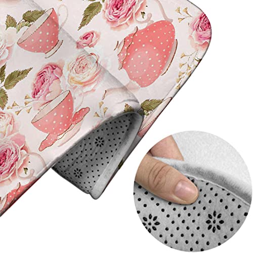 Badezimmerteppich-Set, 3-teilig, Vintage-Stil, Teetassen mit Rosen, Romantisches Shabby-Chic-Design, waschbare Badteppiche, rutschfest, mit Rückenpolster, Konturteppich und Toilettendeckelbezug – Bild 5