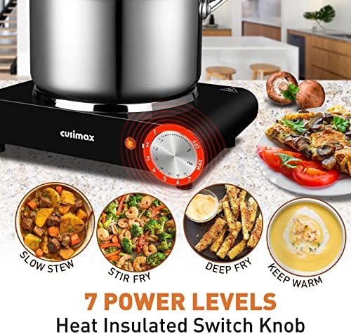 CUSIMAX Hot Plate, Portable Electric Hob Single Burner, 1500W Cast Iron Hot Plates for Cooking with Adjustable Temperature Control, Stainless Steel, Black