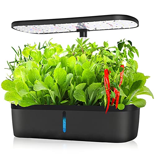 Dynaeuty Potager Interieur, Kit de Jardin d'herbes Intérieur 12 Pots, Lampe LED à Spectre Complet, Hauteur Réglable 20-40cm(Noir)