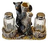 UrbalabsBear On A Log Ceramic Black Bear Salt and Pepper Shaker Caddy Farmhouse Dinner Table Toothpick Holder Glass Set of Cute Bear Gifts
