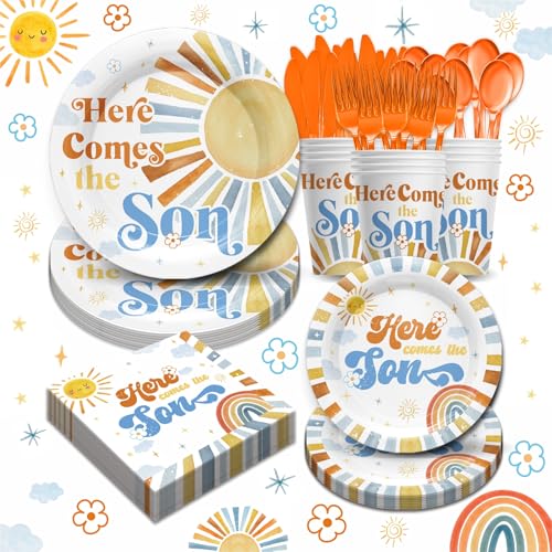 Vpimatero Here Comes The Son Baby Shower Decorations - Boho Rainbow Sun Baby Shower Party Supplies Include Include Plates, Napkins, Cups, Cutlery, Sunshine Theme Party Supplies | Serves 24