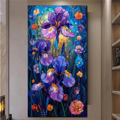 Broderie diamant fleur d'iris violet 5D en strass cristal pour fresque murale chic