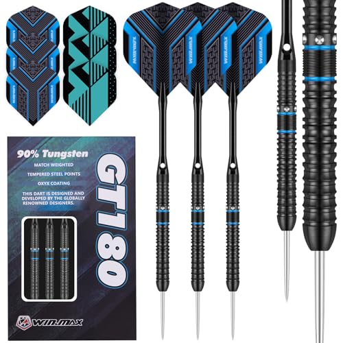 WIN.MAX Darts Metal Tip Set - 90% Tungsten Steel Tip Darts Set Professional 20/22/23/24/26/28 Grams Pro Dart Set with Extra 3 Flights Steel Darts Black 22G
