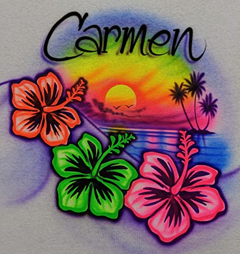 Airbrushed Beach, Hibiscus, Palms & Sunset T Shirt, Personalized with Name3