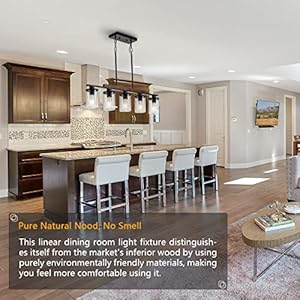 Farmhouse linear chandelier with clear glass shade 5 light matte black rustic wood ceiling pendant light fixture for dining room over table adjustable kitchen island lighting hanging  urban country home decor