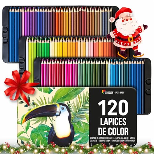 120 Lápices de Colores (Numerado) con Caja de Metal de Zenacolor - 120 Colores Únicos para Libro de Colorear - Fácil Acceso con 3 Bandejas - Regalo Ideal para Artistas
