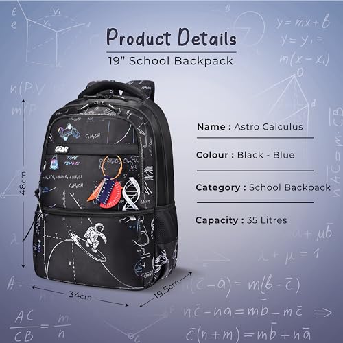 Image of Gear Astro Calculus 19 inch /35L Large Water Resistant School Bag | Casual Backpack | Daypack | Travel Backpack | Kids Bag for Boys /Girls (Black - Blue)