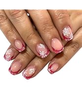 French Tip Press on Nails Short Square Fake Nails Christmas Glue on Nails with Snowflake Designs ...
