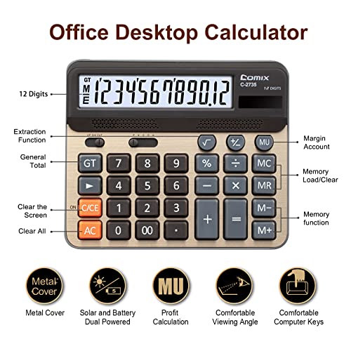 Comix Desktop Calculator, Large Computer Keys, 12 Digits Display, Champaign Gold Color Panel, C-2735 by Comix - Image 2