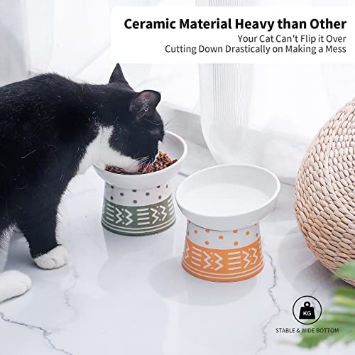 Tilted Ceramic Raised Cat Bowls, 8 Ounce Elevated Slanted Food Bowls Set, 5 Inch Porcelain Pet Feeder Dish, Stress Free Anti Vomiting, Protect Pet's Spine, Backflow Prevention, Set Of 2(Grey&Orange) #TOP5