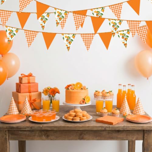 Image of Citrus Orange Party Decorations Orange Plaid Floral Pennant Banner Flag Hanging Paper Triangle Bunting for Birthday Wedding Bridal Shower Engagement Bachelorette Party Decorations Supplies