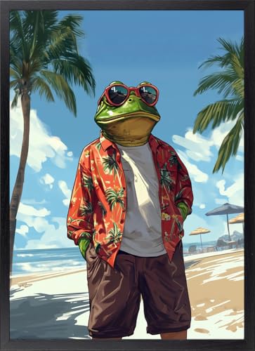 Fine Artic Cuadro de Rana Pepe en la Playa   Poster de Rana con Marco de madera Negro   Arte mural de Animales decoración Moderna de Vacaciones   Lámina enmarcada de Meme