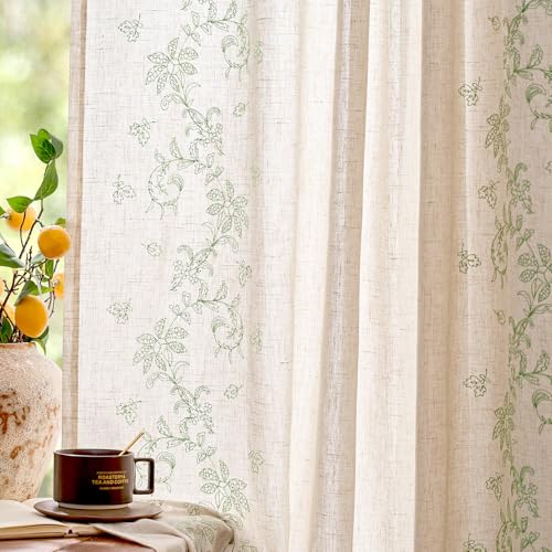 Image of jinchan Floral Linen Curtains, Back Tab 50x63 Inch, 2 Panels Sage